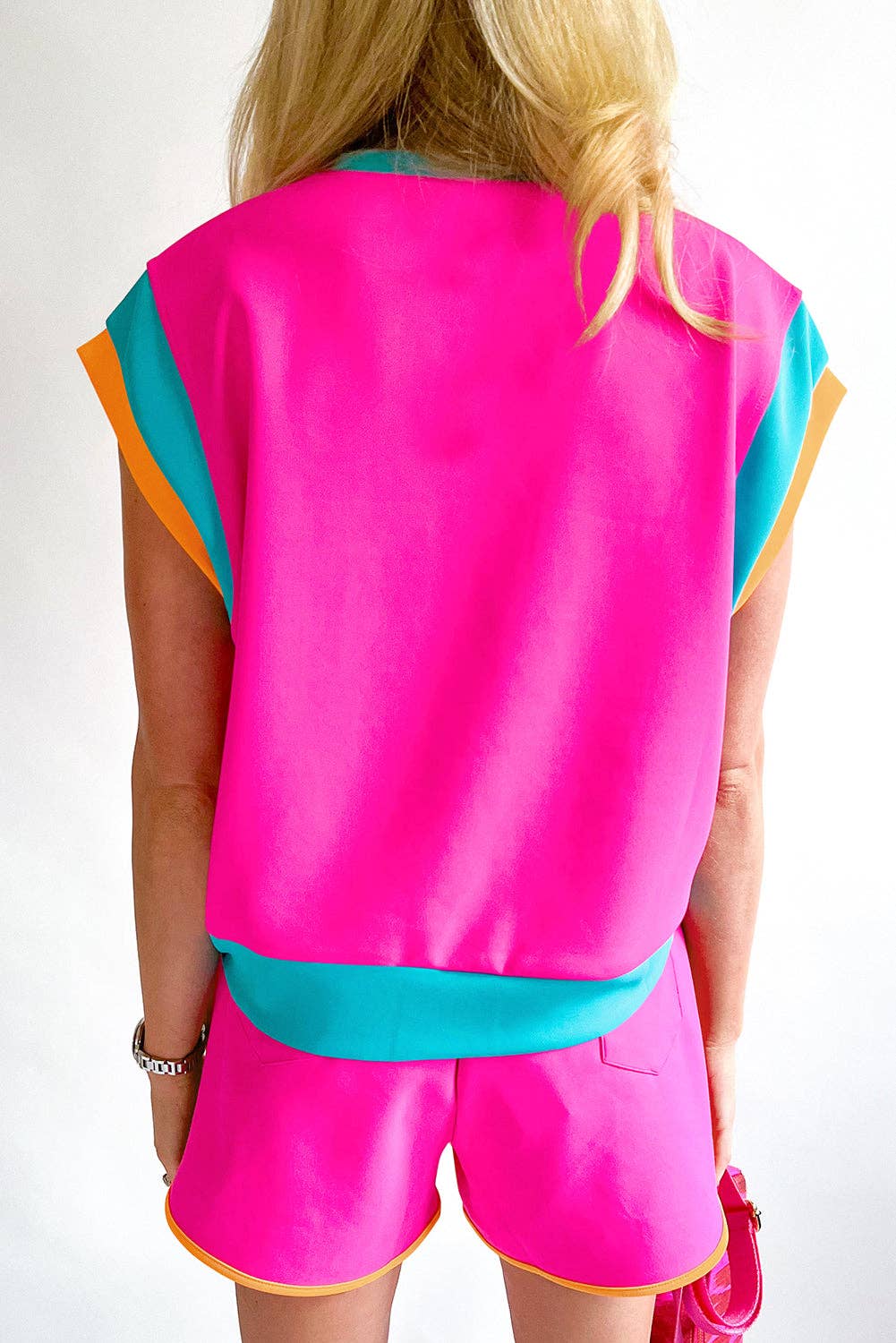 Colorblock Tee and Shorts Set: Rose Red / XL