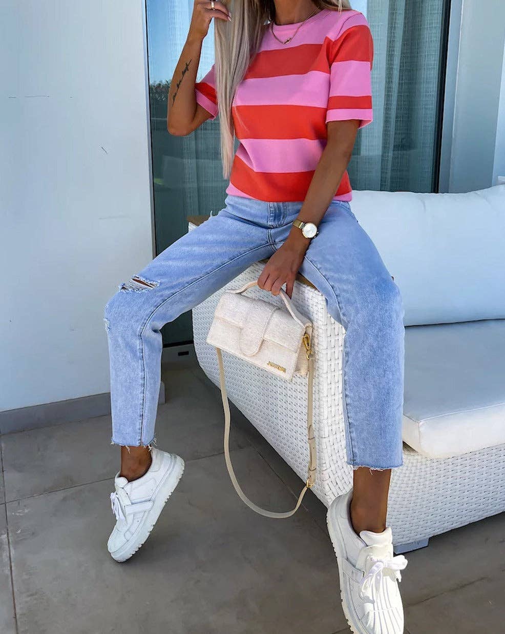 Colorblock Stripe Short Sleeve T-Shirt: Bright Pink / XL