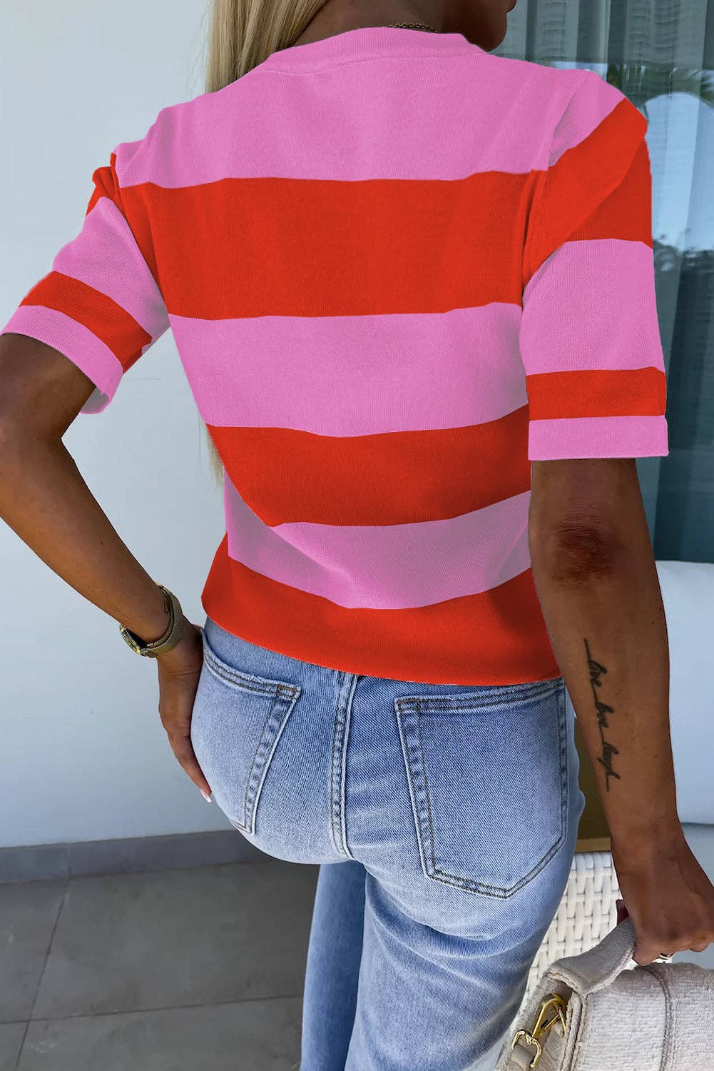Colorblock Stripe Short Sleeve T-Shirt: Bright Pink / XL
