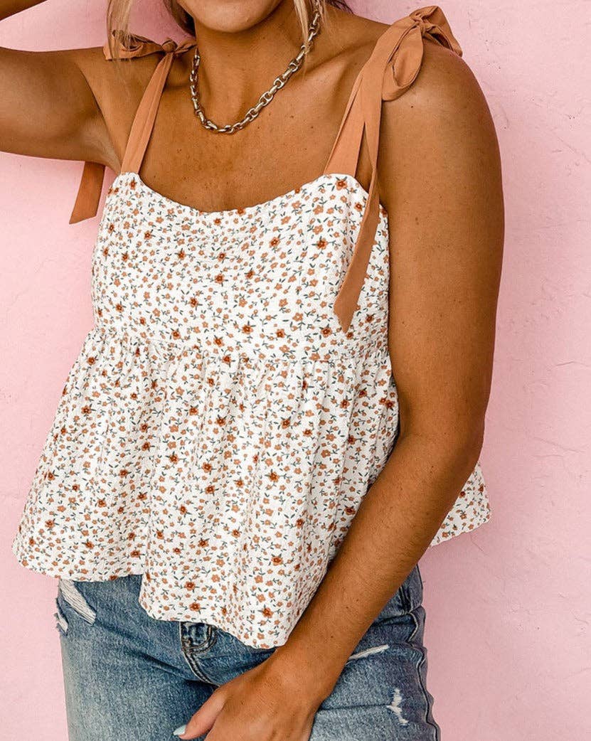 Floral Tied Shoulder Babydoll Top: White / XL