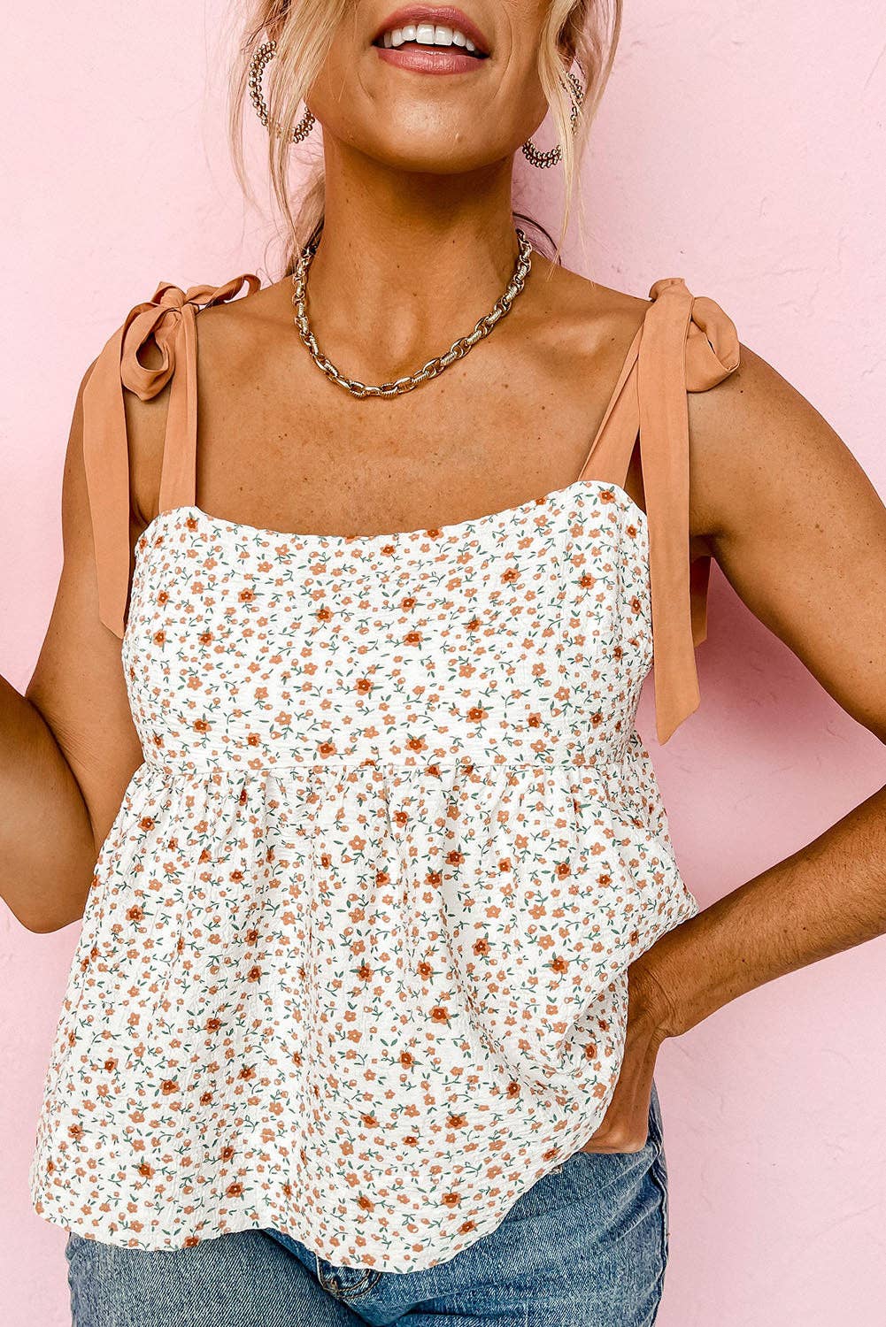 Floral Tied Shoulder Babydoll Top: White / XL
