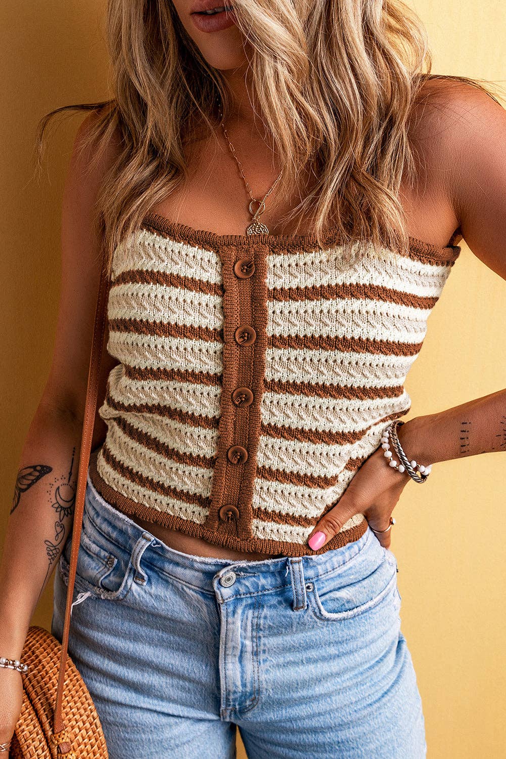 Stripe Button Front Crop Top: Chestnut / XL