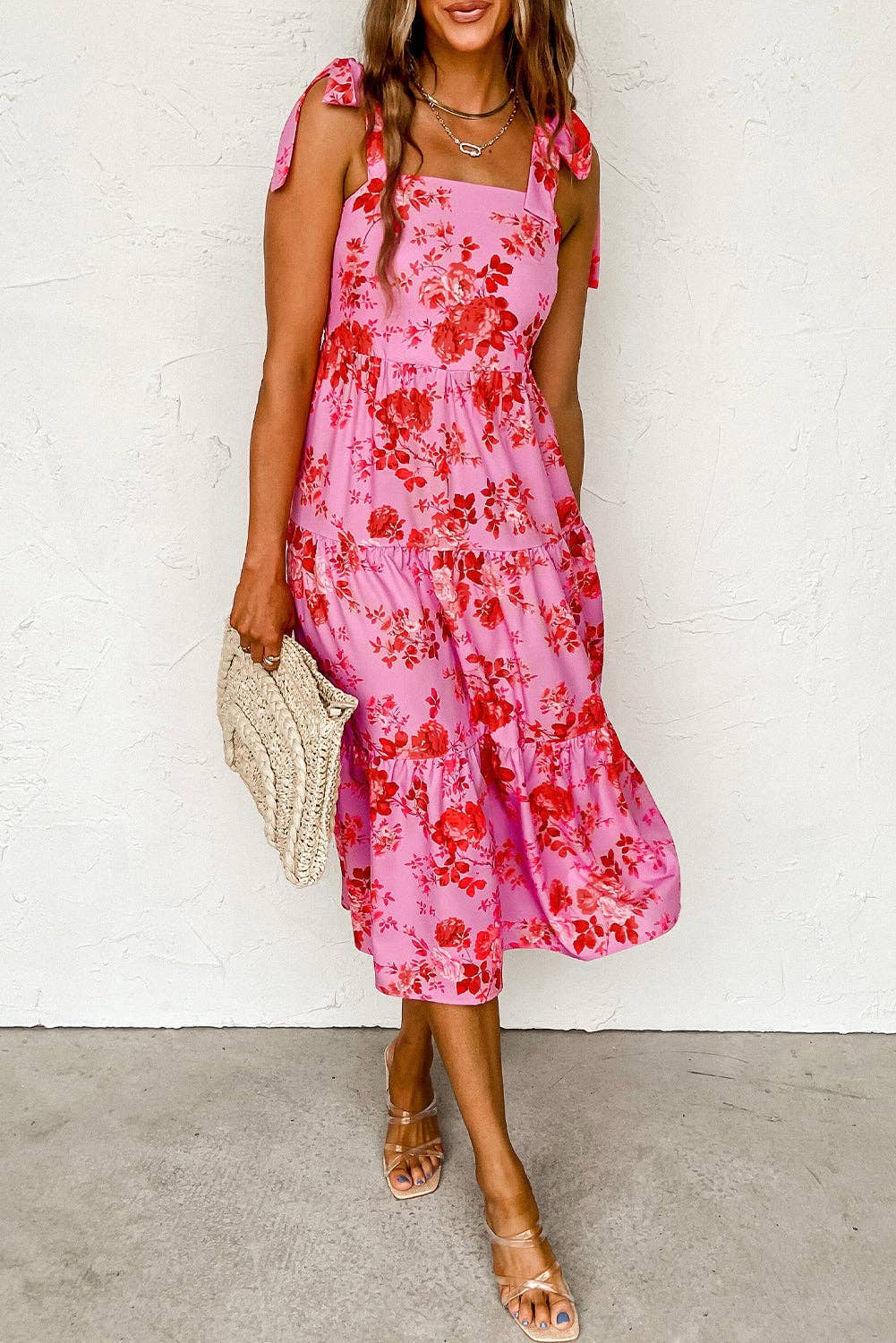 Floral Tie Shoulder Straps Dress: Pink / XL