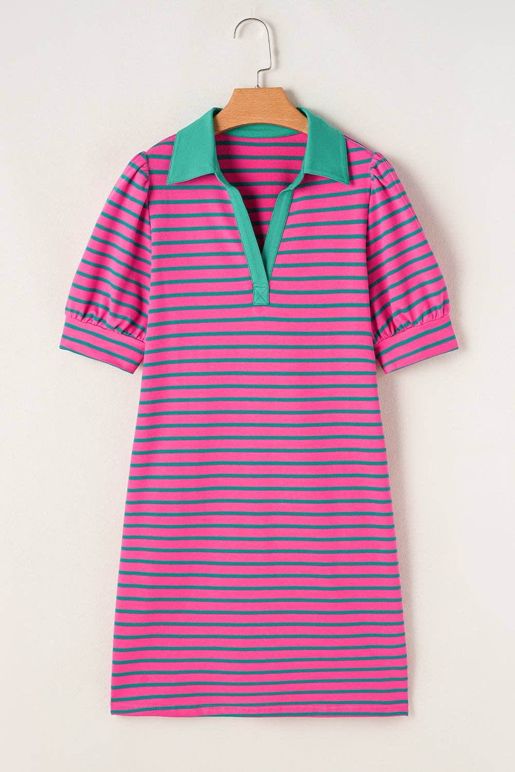 Stripe Collared V-Neck T-Shirt Dress: Pink Stripe / XL