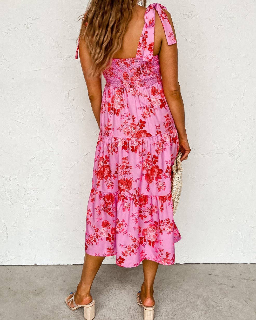 Floral Tie Shoulder Straps Dress: Pink / XL