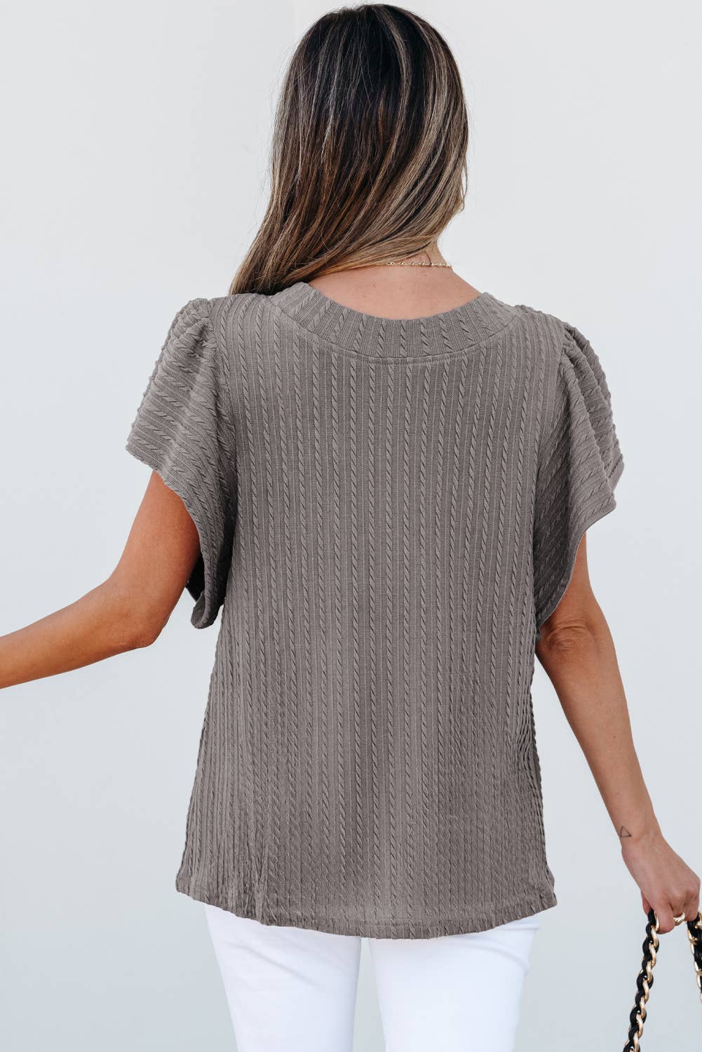 Solid Textured Flutter Sleeve Top: Sleet / XL