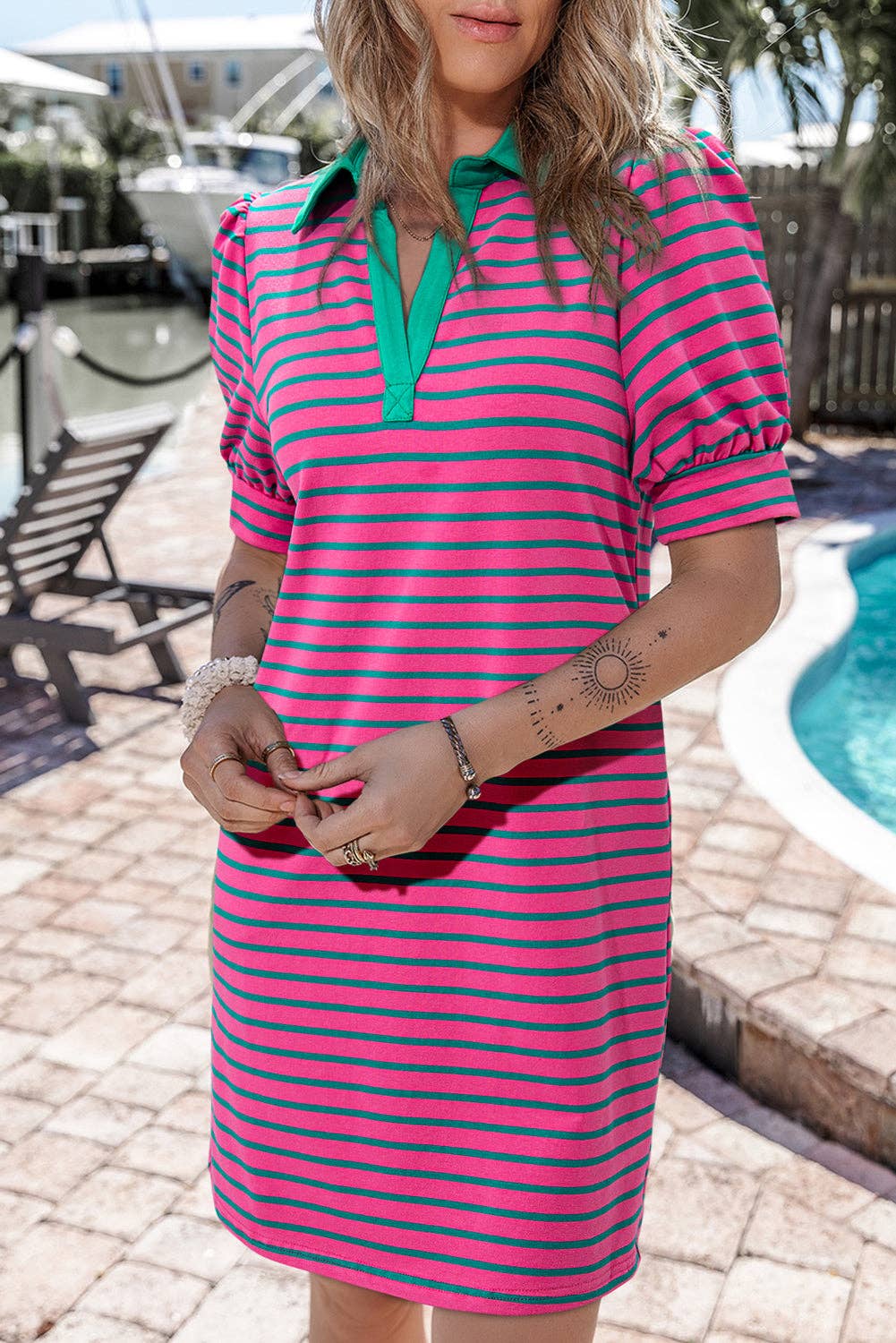 Stripe Collared V-Neck T-Shirt Dress: Pink Stripe / XL