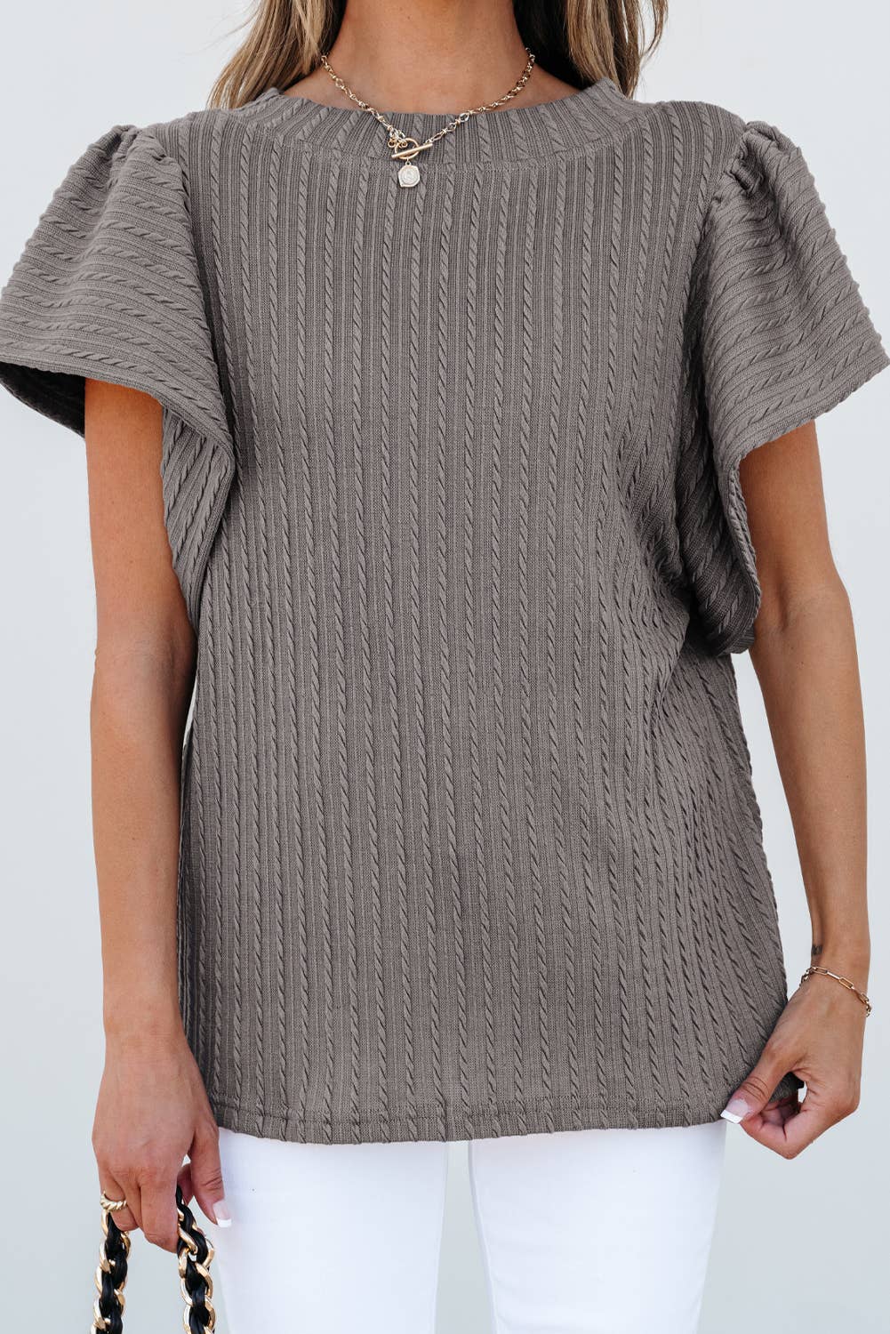 Solid Textured Flutter Sleeve Top: Sleet / XL