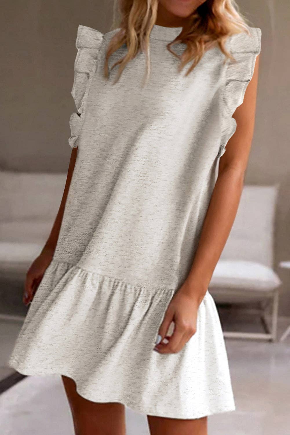 Flutter Sleeve Crewneck Shift Dress: White / XL