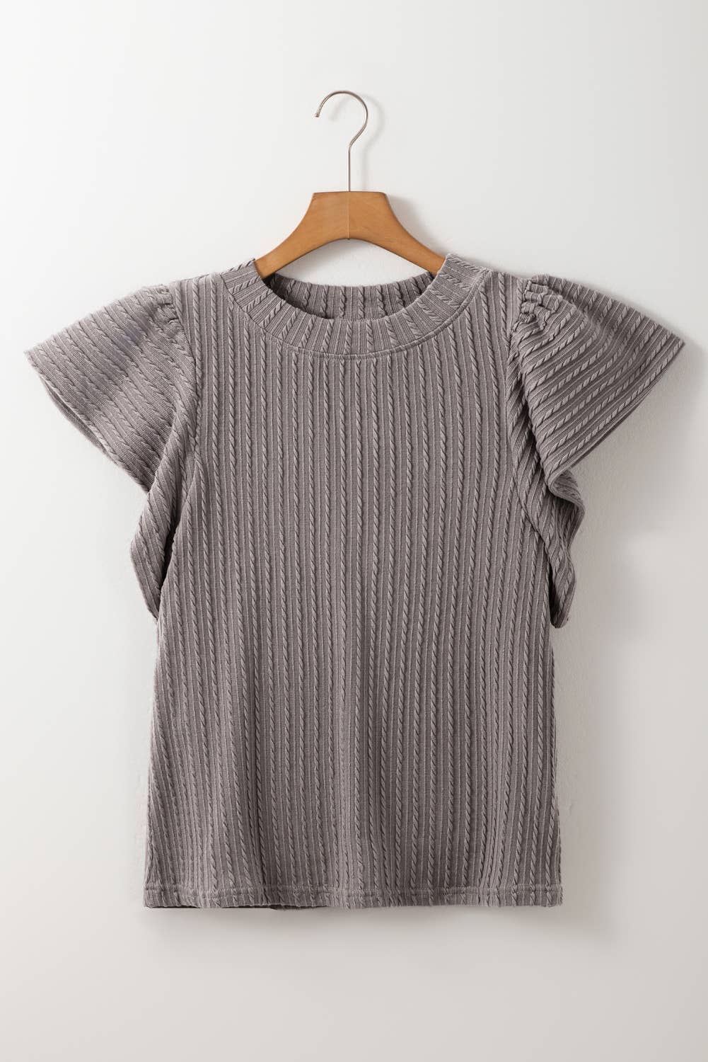 Solid Textured Flutter Sleeve Top: Sleet / XL