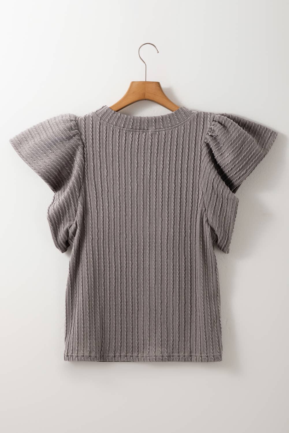 Solid Textured Flutter Sleeve Top: Sleet / XL