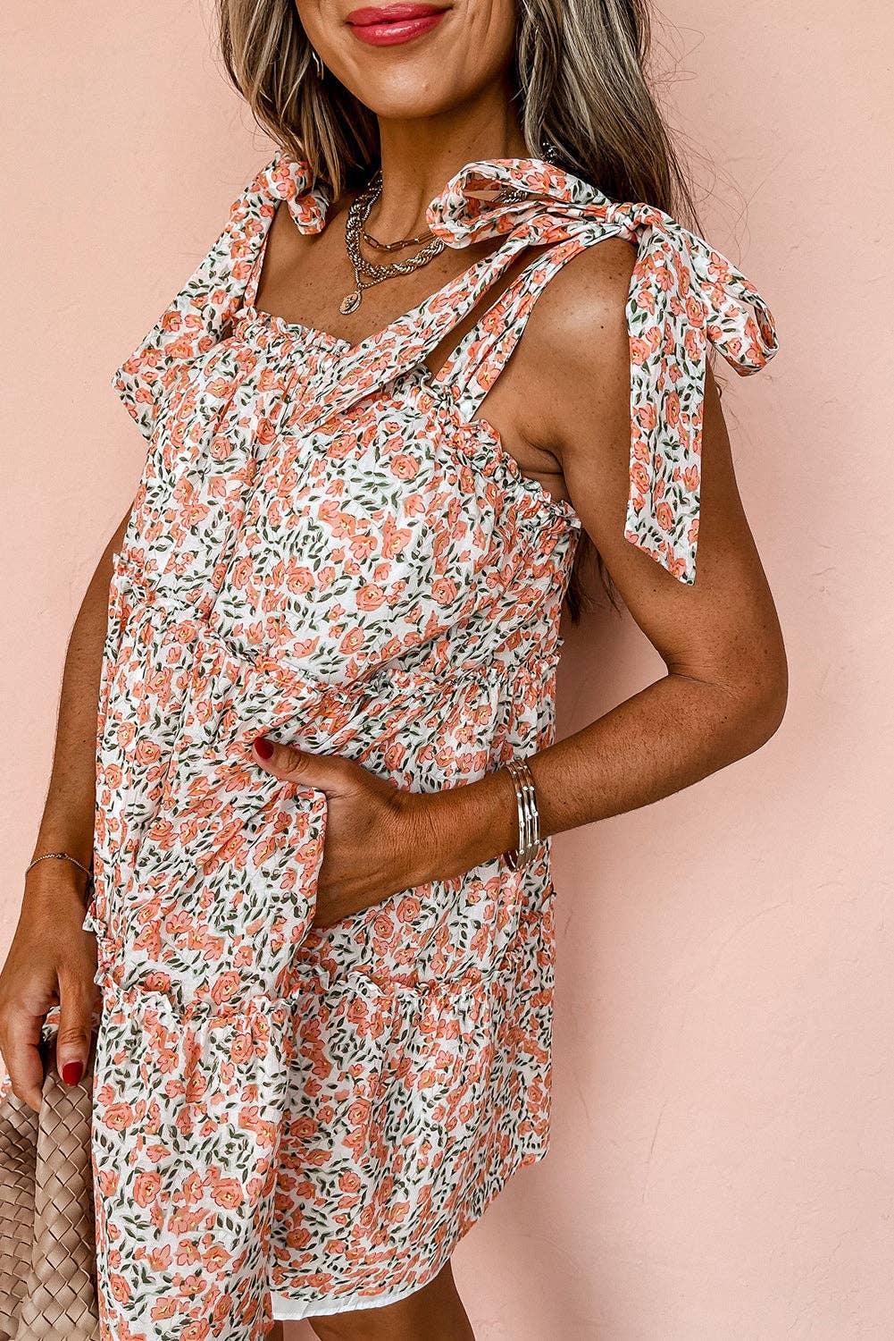 Floral Knotted Straps Babydoll Dress: Orange / XL