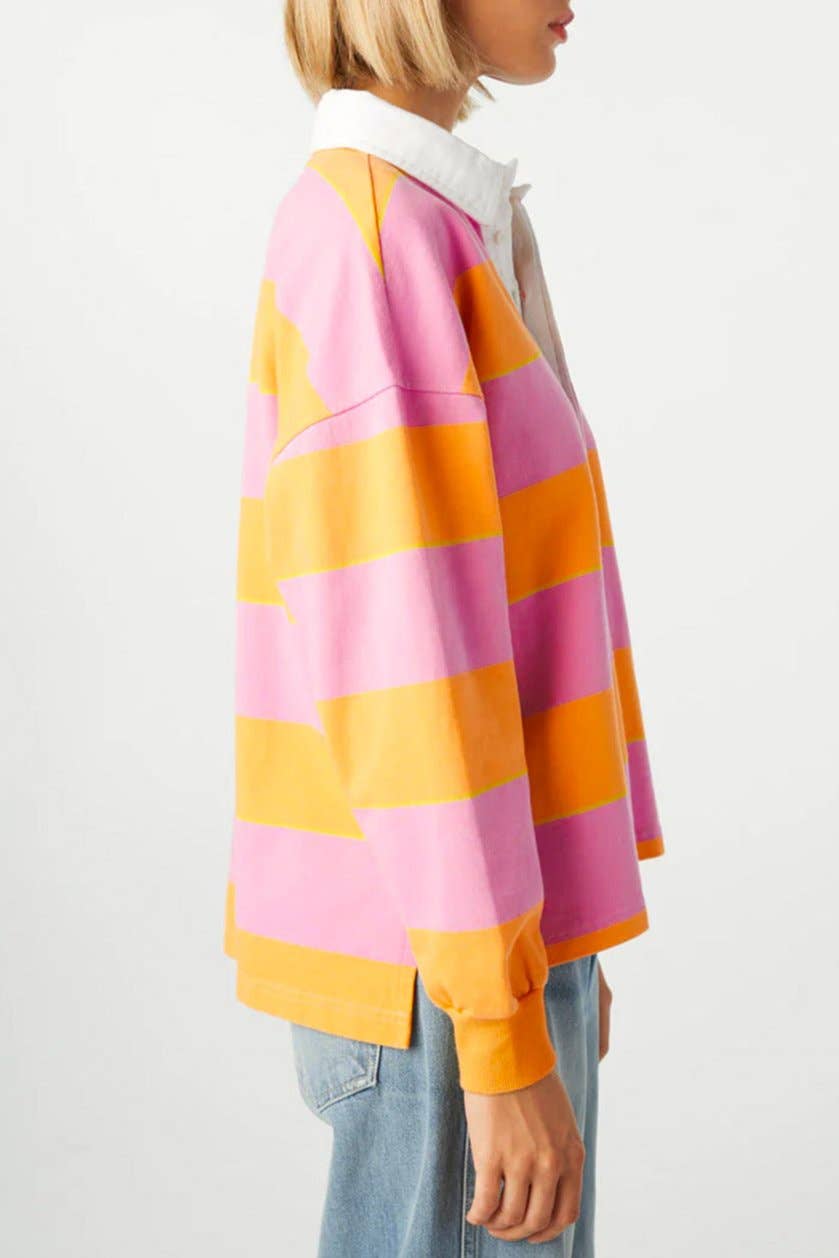 Stripe Colorblock Polo Collar Sweatshirt: Yellow Stripe / XL