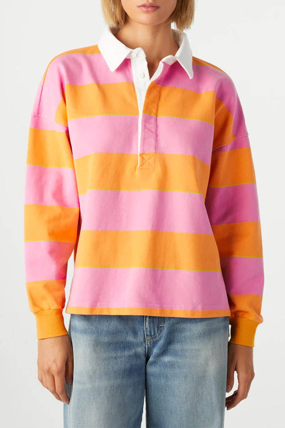 Stripe Colorblock Polo Collar Sweatshirt: Yellow Stripe / XL