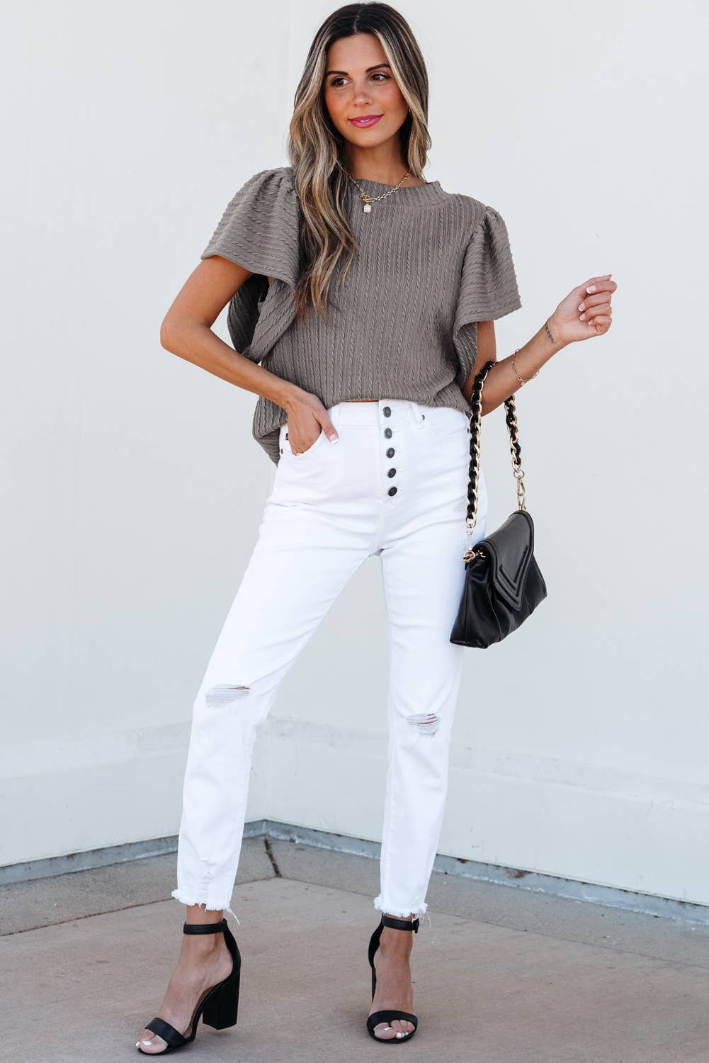 Solid Textured Flutter Sleeve Top: Sleet / XL
