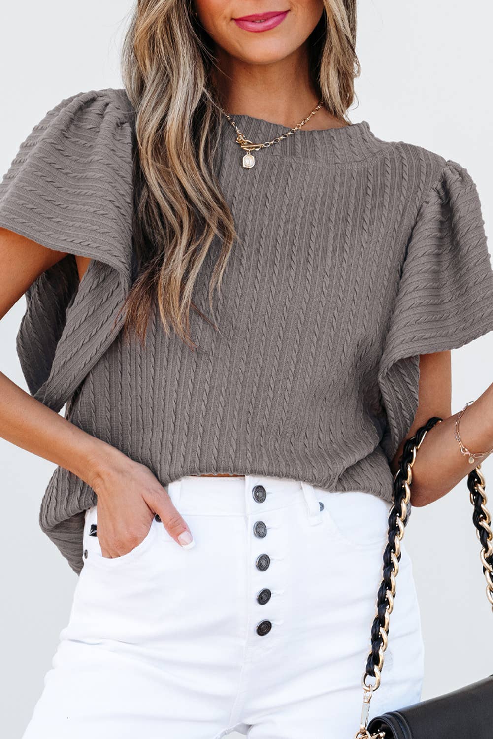 Solid Textured Flutter Sleeve Top: Sleet / XL