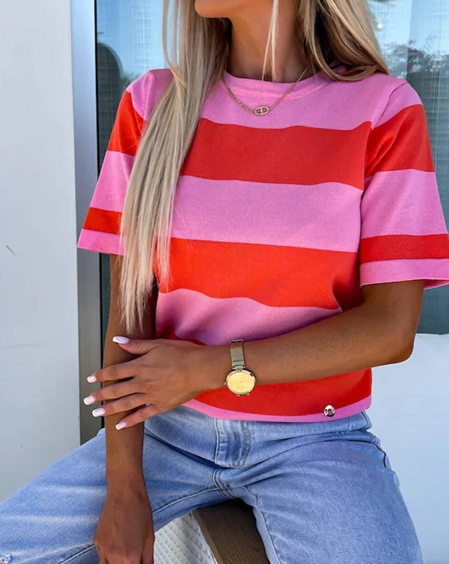 Colorblock Stripe Short Sleeve T-Shirt: Bright Pink / XL