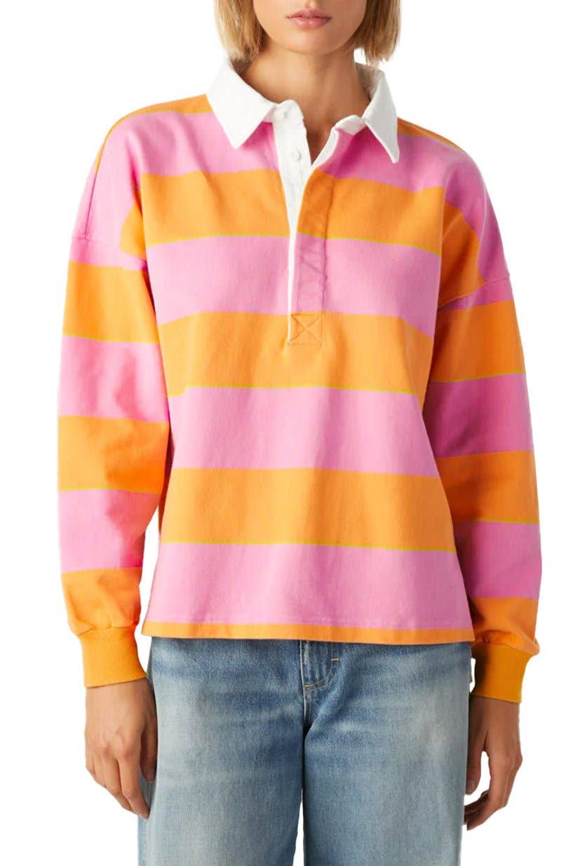 Stripe Colorblock Polo Collar Sweatshirt: Yellow Stripe / XL