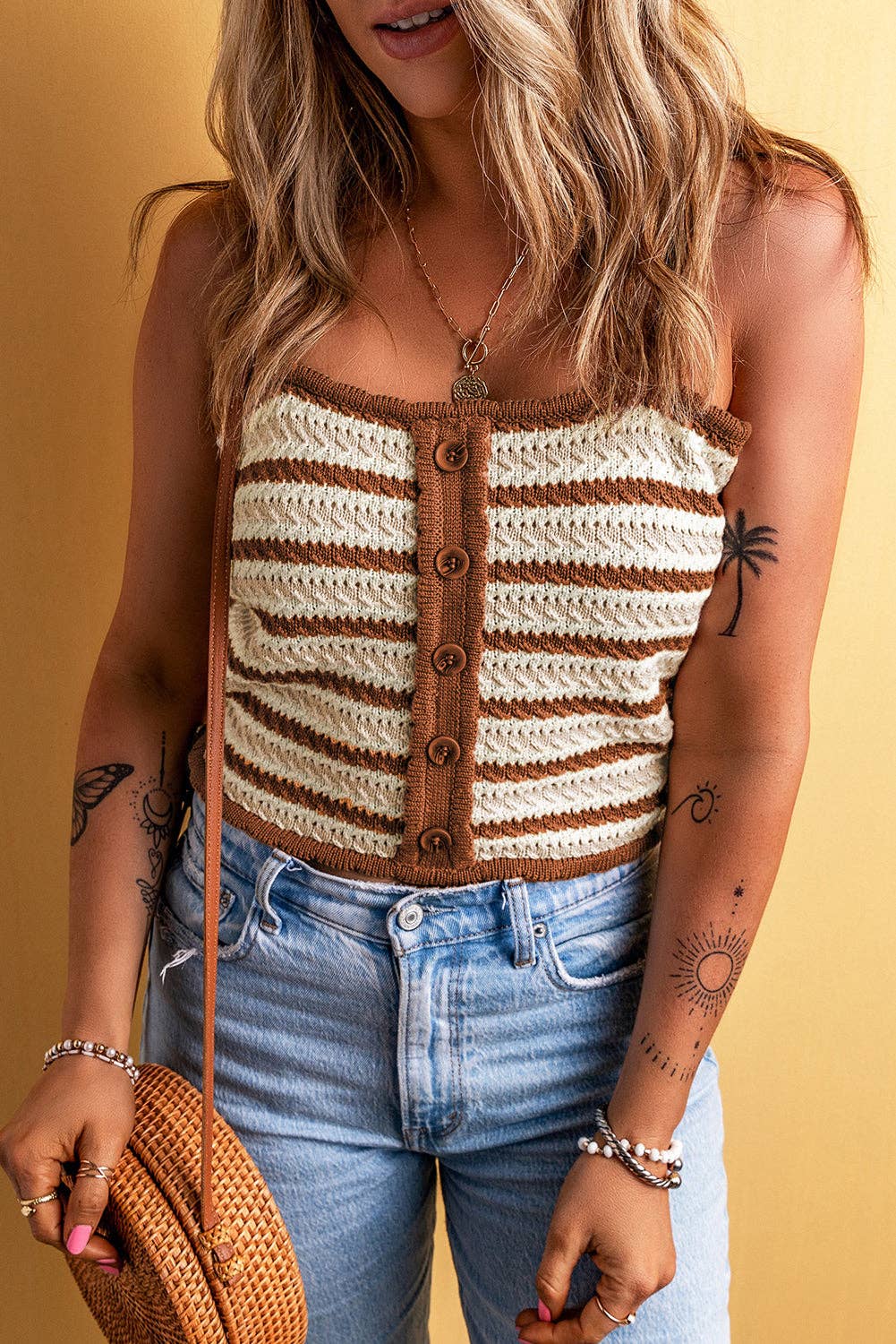 Stripe Button Front Crop Top: Chestnut / XL